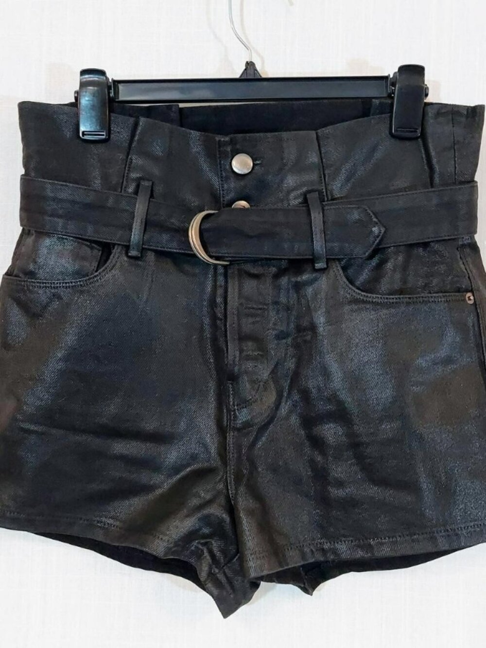 IMAAN x FRAME Shorts Sz 27 'Le Bootie Black Noir' Coated Belted High-Rise Rare.
